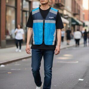 Amazon Men's Blue Grey High Visibility Reflective Safety Delivery Vest Size XL